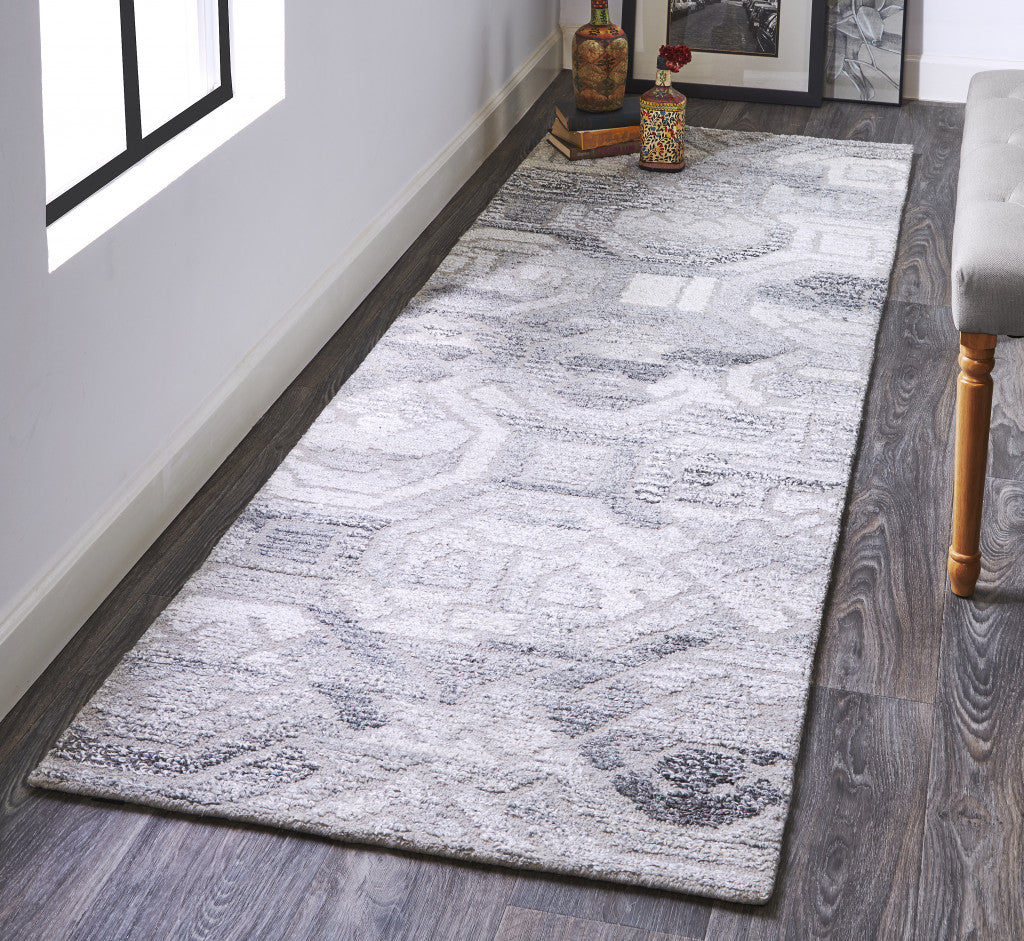 8' Gray Ivory And Taupe Wool Abstract Tufted Handmade Runner Rug