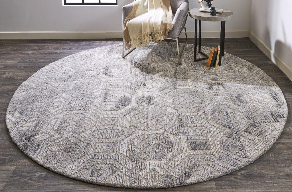 8' Gray Ivory And Taupe Round Wool Abstract Tufted Handmade Area Rug