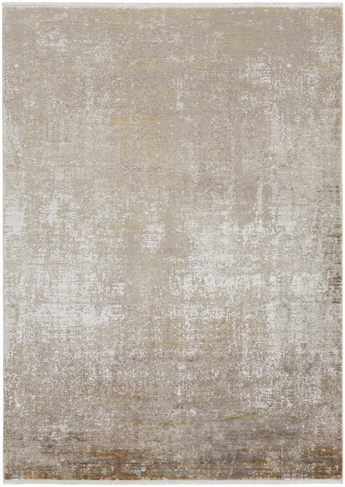 5' X 8' Taupe Ivory And Gold Abstract Area Rug With Fringe