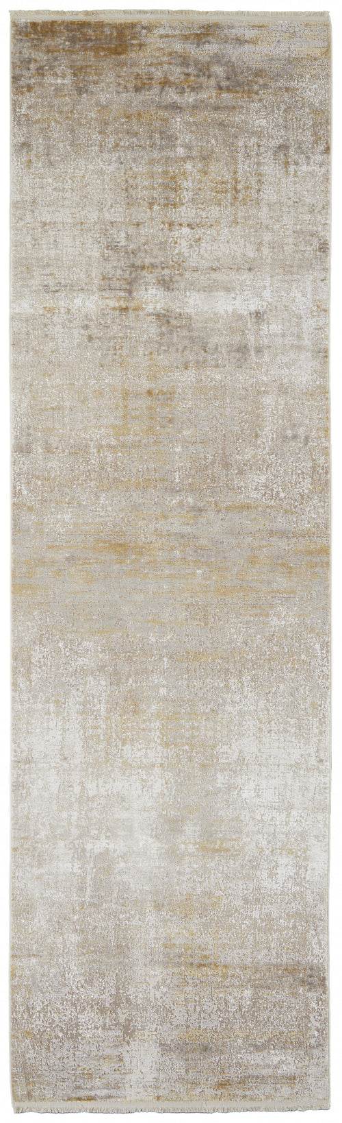 3' X 10' Taupe Ivory And Gold Abstract Runner Rug With Fringe