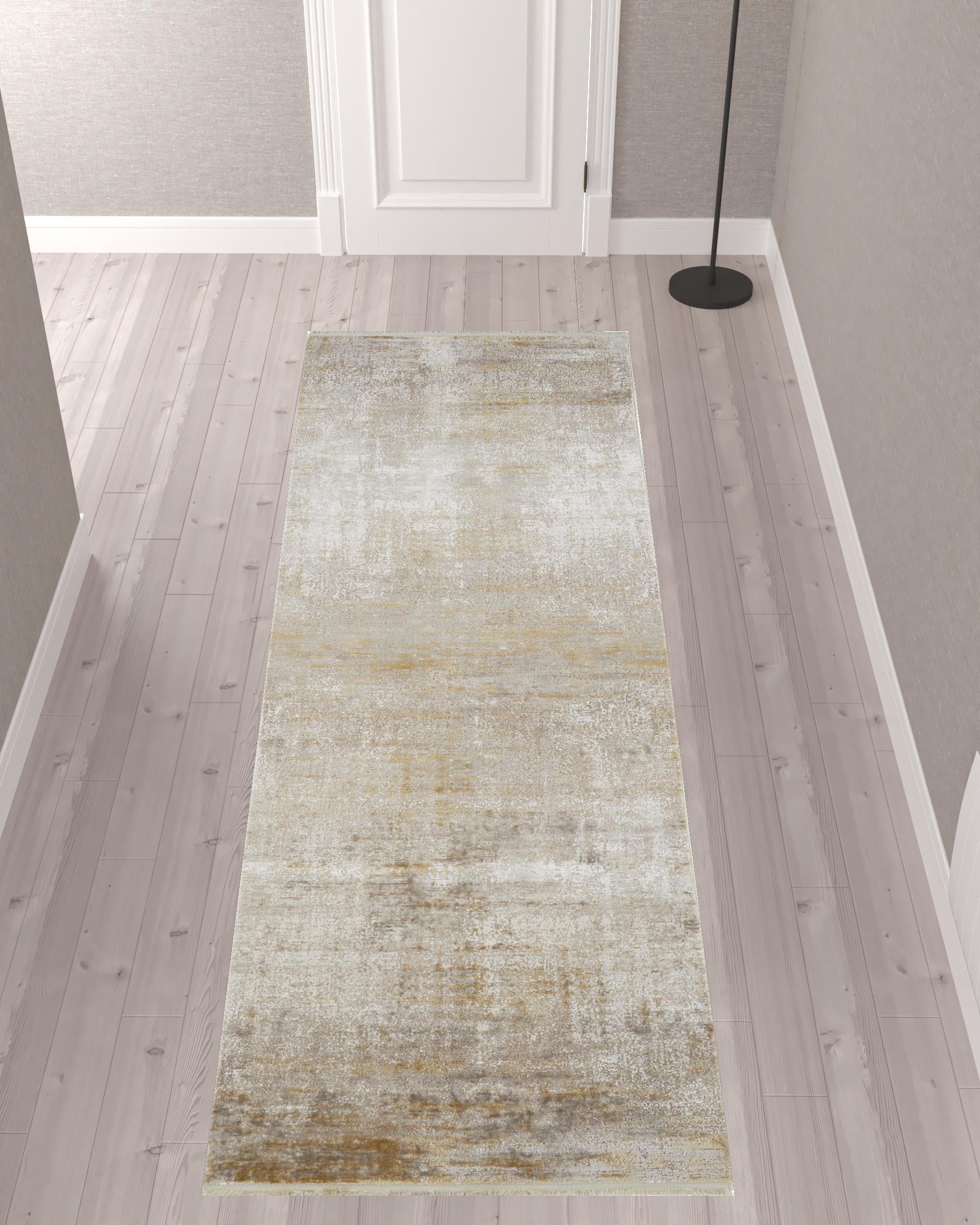 3' X 10' Taupe Ivory And Gold Abstract Runner Rug With Fringe