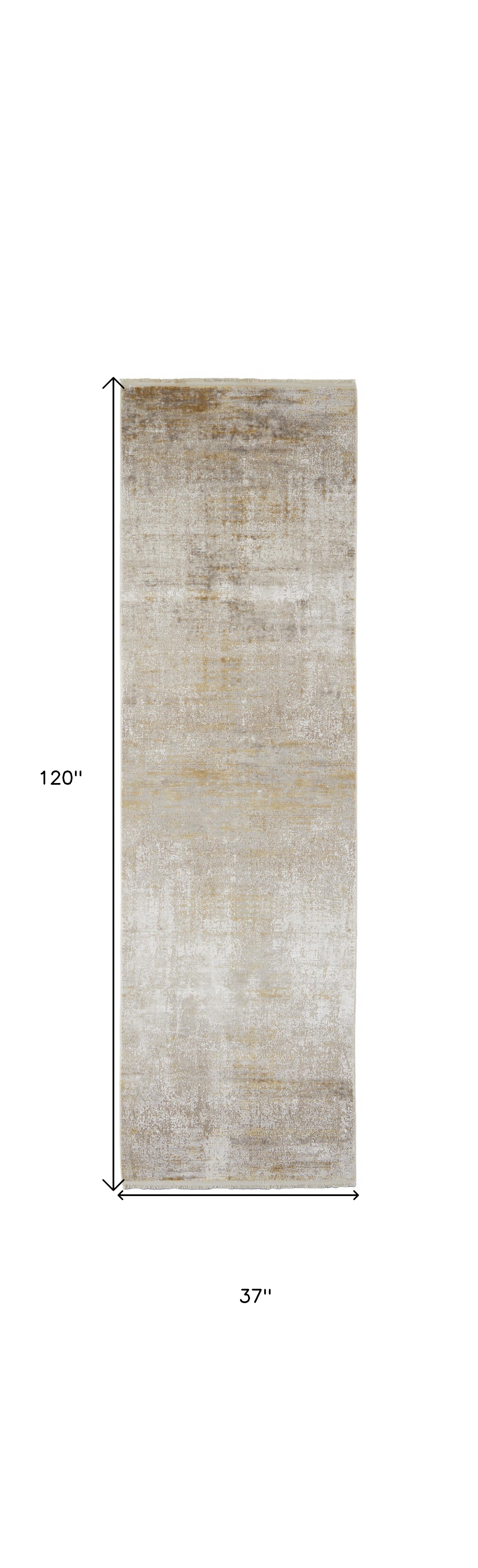 3' X 10' Taupe Ivory And Gold Abstract Runner Rug With Fringe