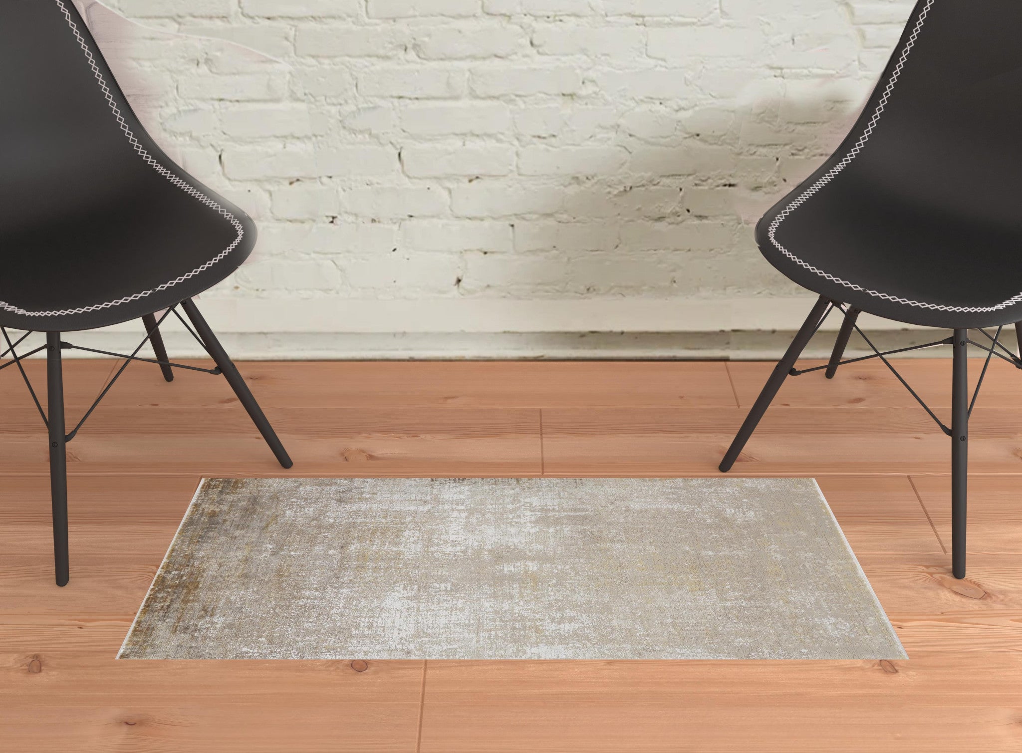 2' X 3' Taupe Ivory And Gold Abstract Area Rug With Fringe