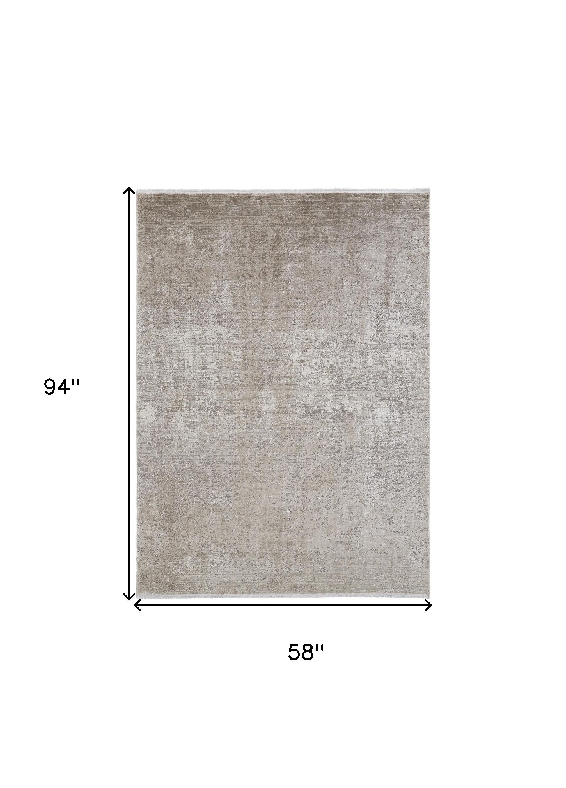 5' X 8' Tan Ivory And Gray Abstract Power Loom Distressed Area Rug With Fringe