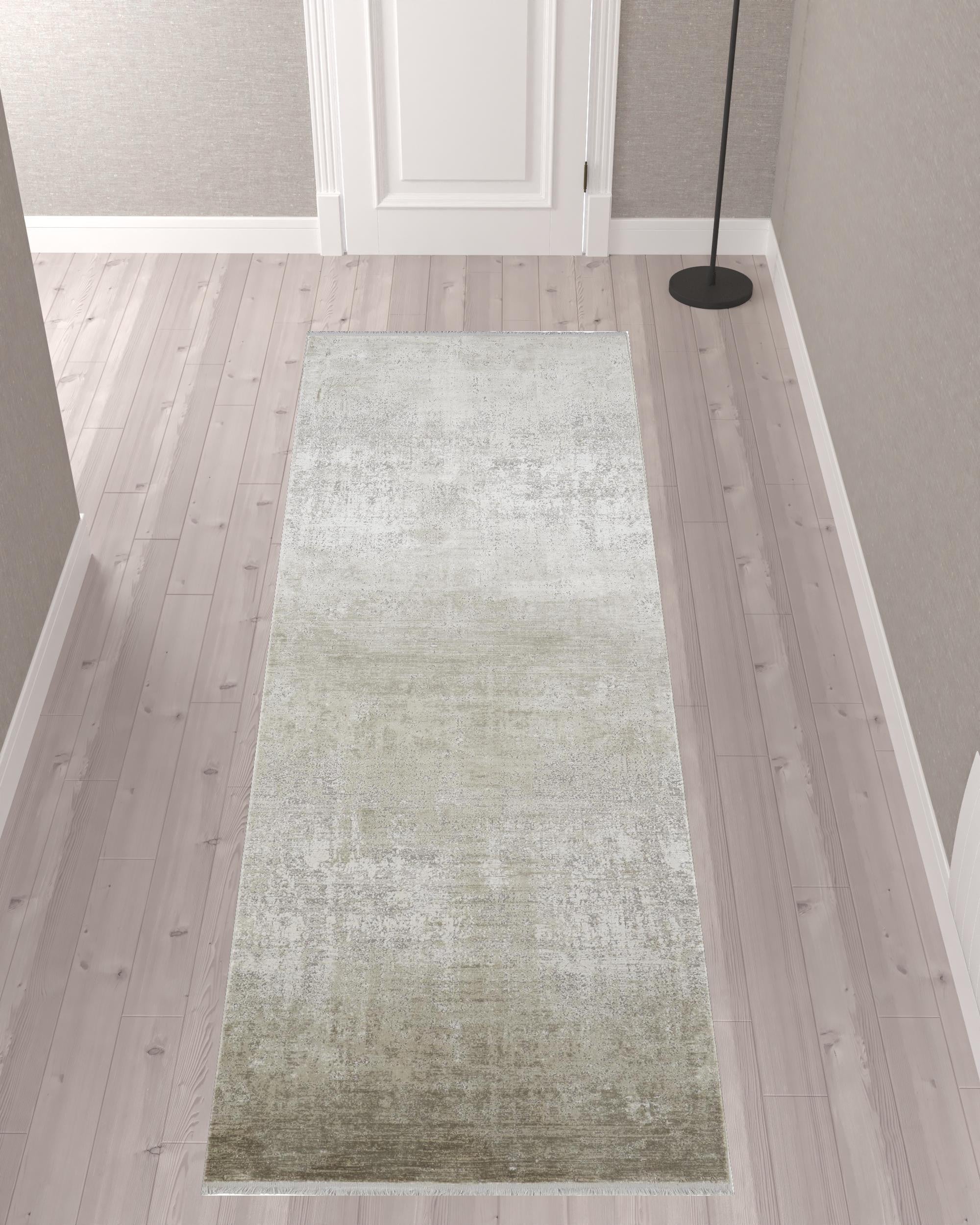 3' X 10' Tan Ivory And Gray Abstract Power Loom Distressed Runner Rug With Fringe