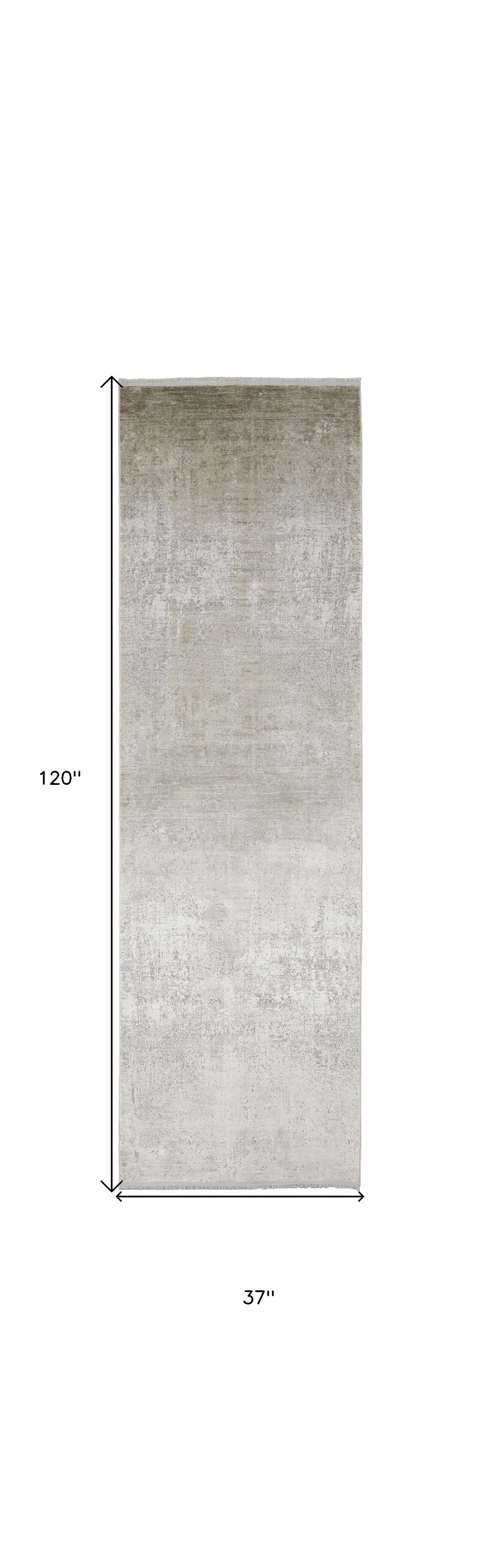 3' X 10' Tan Ivory And Gray Abstract Power Loom Distressed Runner Rug With Fringe