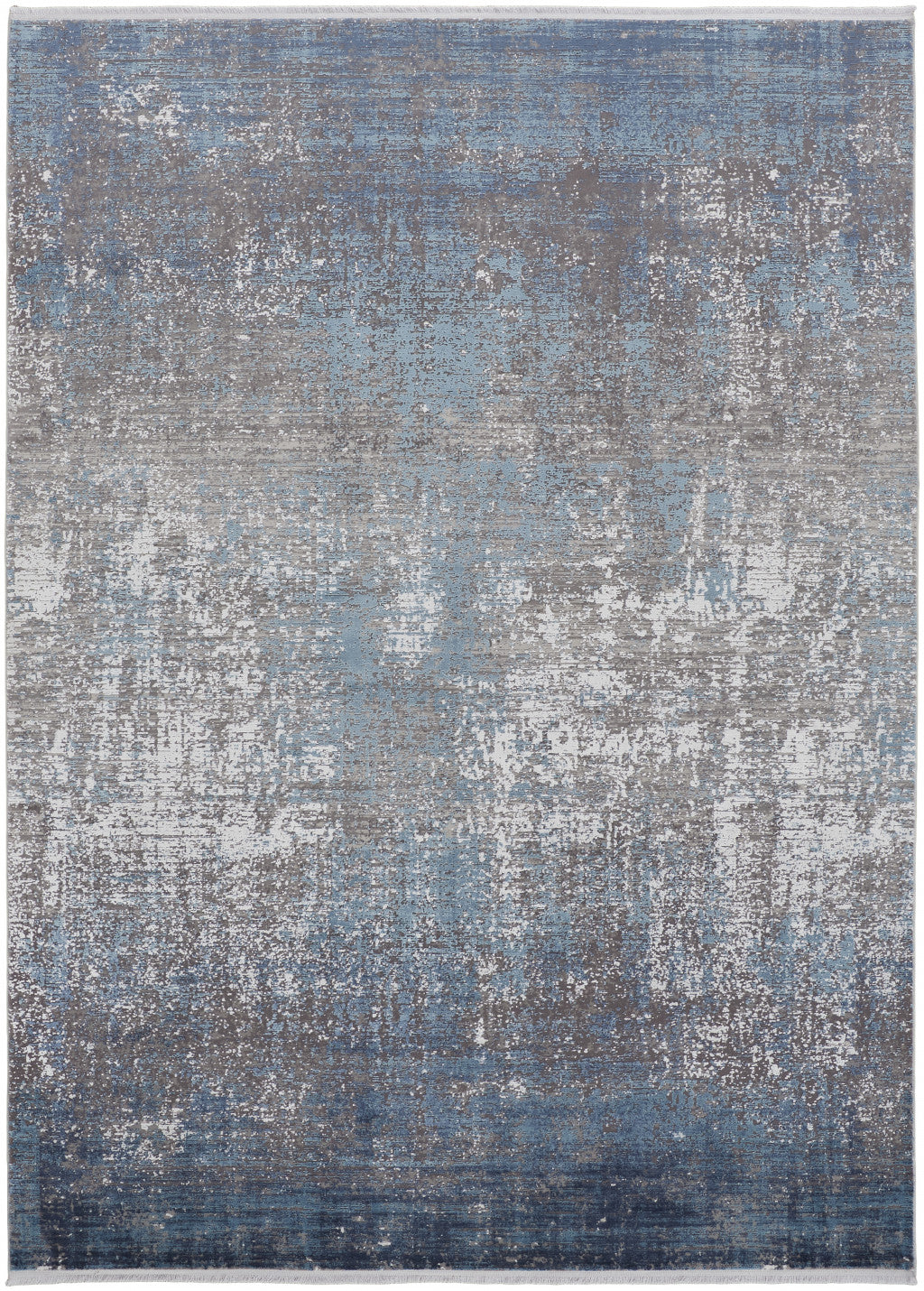 3' X 5' Blue Gray And Silver Abstract Power Loom Distressed Area Rug With Fringe