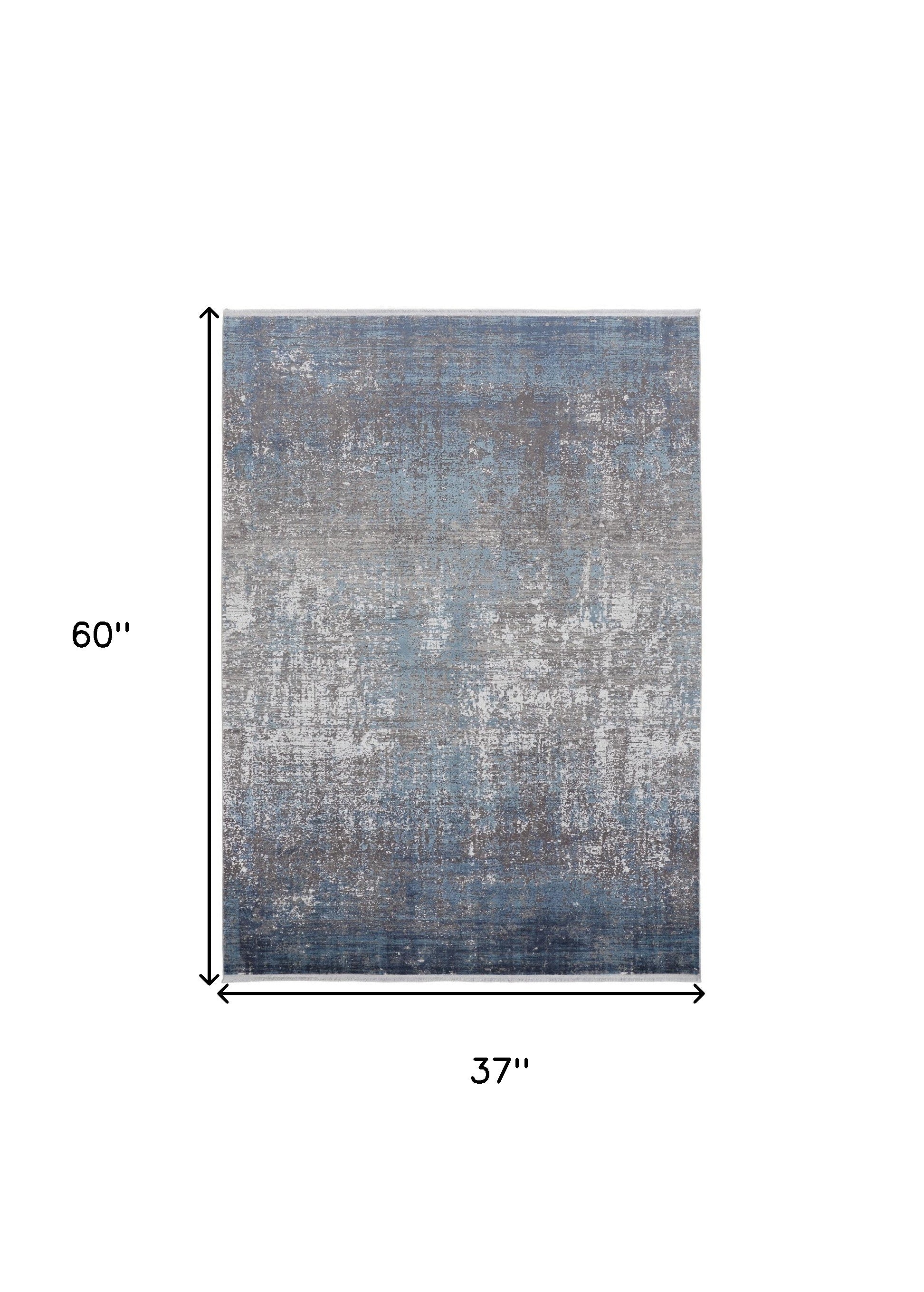 3' X 5' Blue Gray And Silver Abstract Power Loom Distressed Area Rug With Fringe