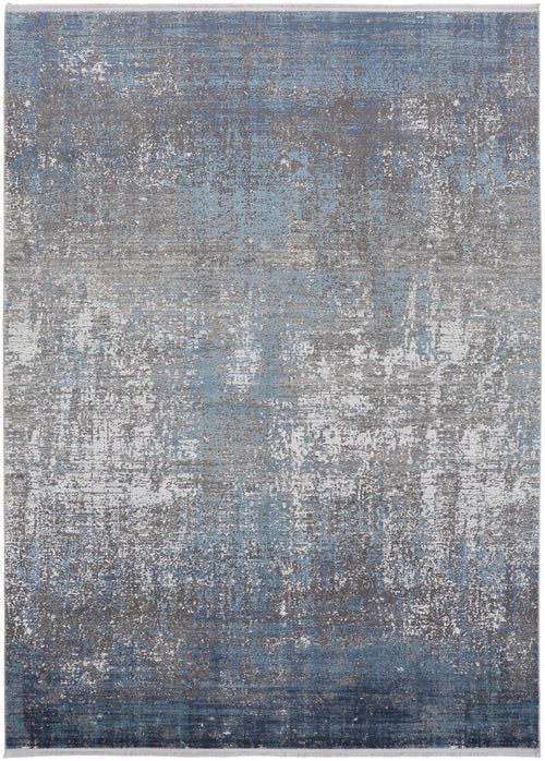 3' X 5' Blue Gray And Silver Abstract Power Loom Distressed Area Rug With Fringe