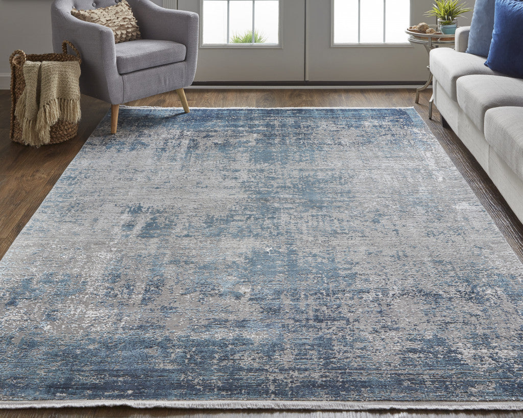 3' X 5' Blue Gray And Silver Abstract Power Loom Distressed Area Rug With Fringe