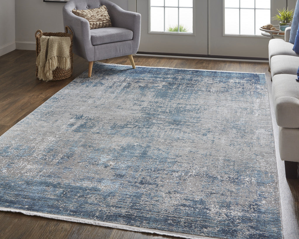 3' X 5' Blue Gray And Silver Abstract Power Loom Distressed Area Rug With Fringe