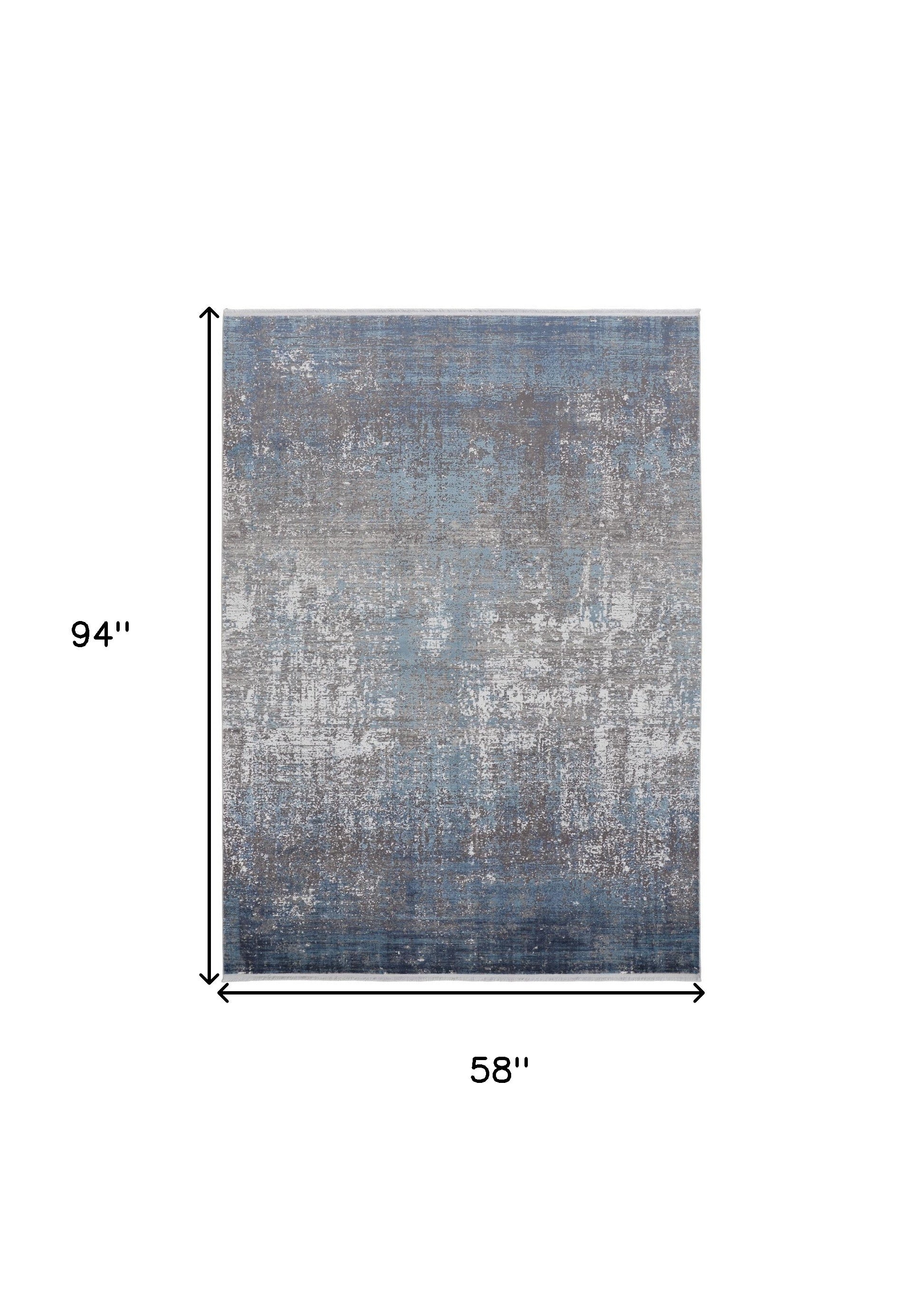 5' X 8' Blue Gray And Silver Abstract Power Loom Distressed Area Rug With Fringe