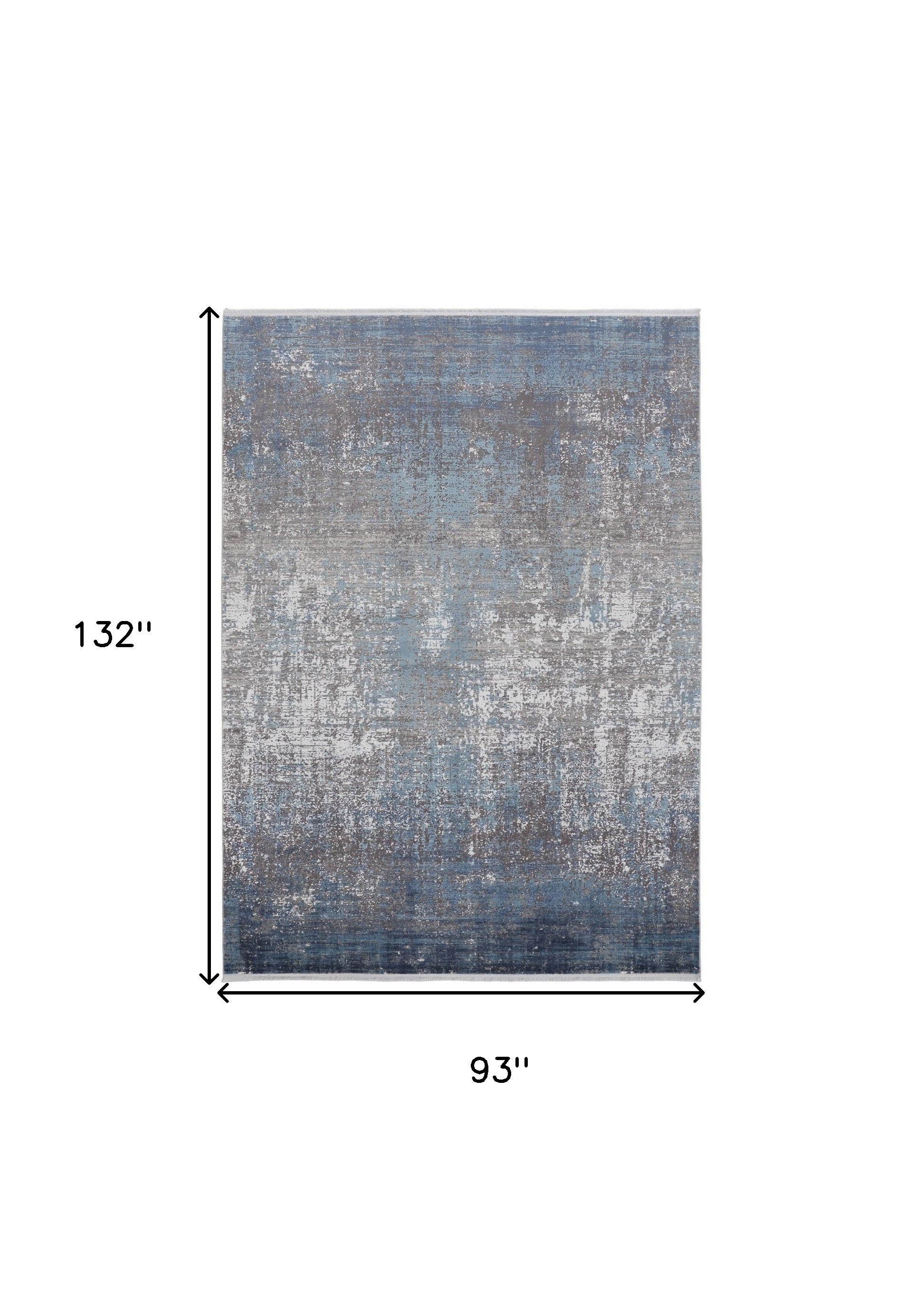 8' X 11' Blue Gray And Silver Abstract Power Loom Distressed Area Rug With Fringe