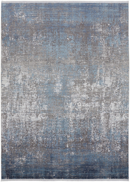 10' X 13' Blue Gray And Silver Abstract Power Loom Distressed Area Rug With Fringe