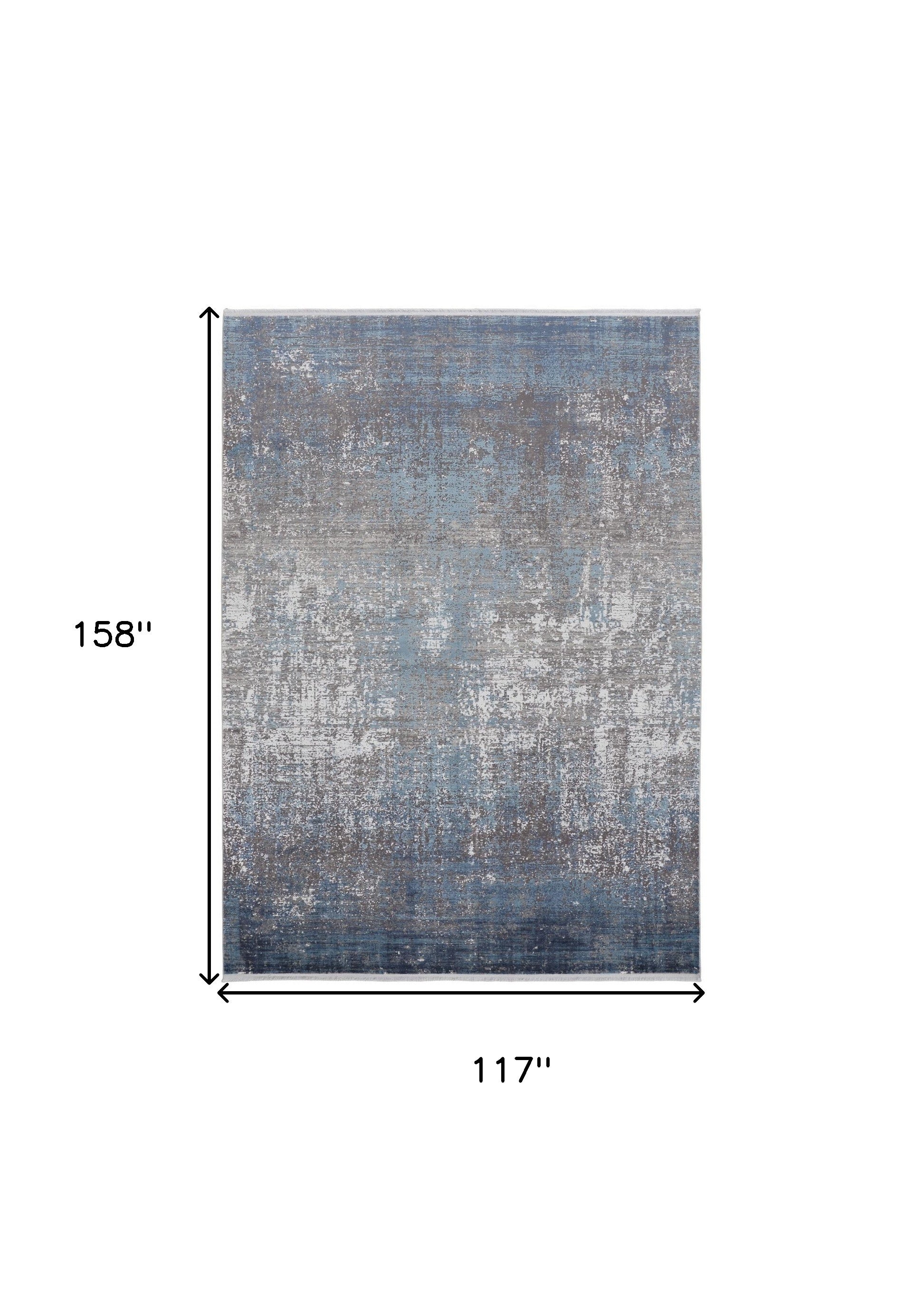 10' X 13' Blue Gray And Silver Abstract Power Loom Distressed Area Rug With Fringe