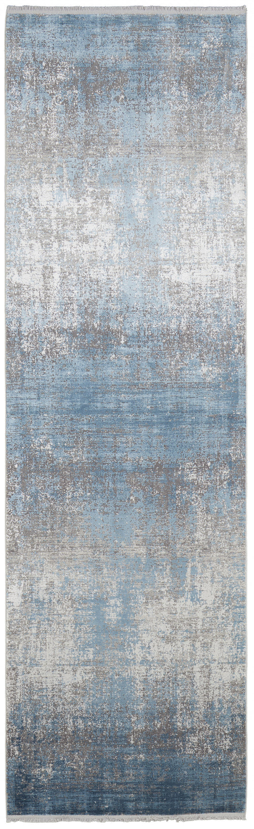 3' X 10' Blue Gray And Silver Abstract Power Loom Distressed Runner Rug With Fringe