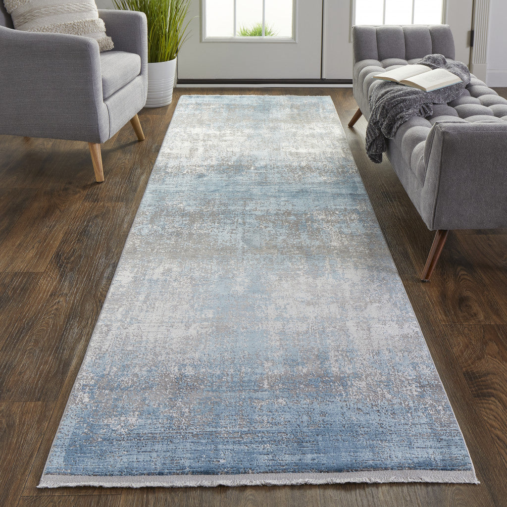 3' X 10' Blue Gray And Silver Abstract Power Loom Distressed Runner Rug With Fringe