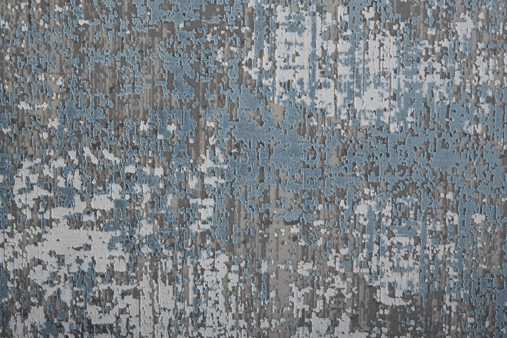 3' X 10' Blue Gray And Silver Abstract Power Loom Distressed Runner Rug With Fringe