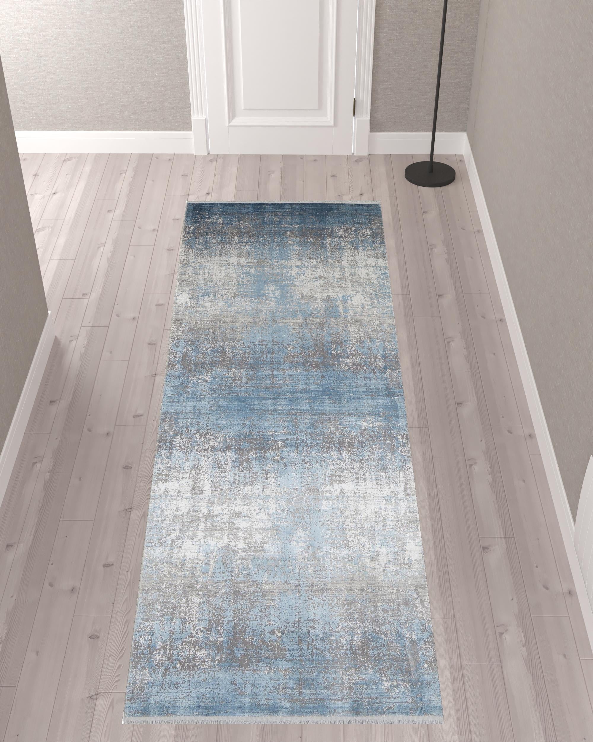 3' X 10' Blue Gray And Silver Abstract Power Loom Distressed Runner Rug With Fringe