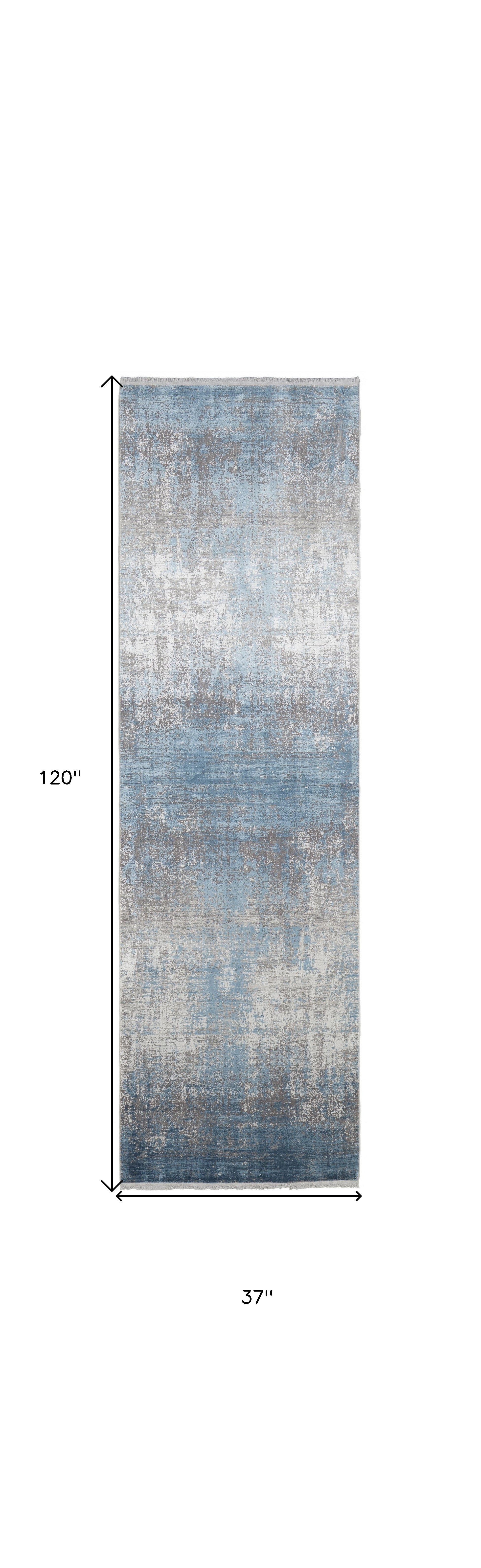 3' X 10' Blue Gray And Silver Abstract Power Loom Distressed Runner Rug With Fringe