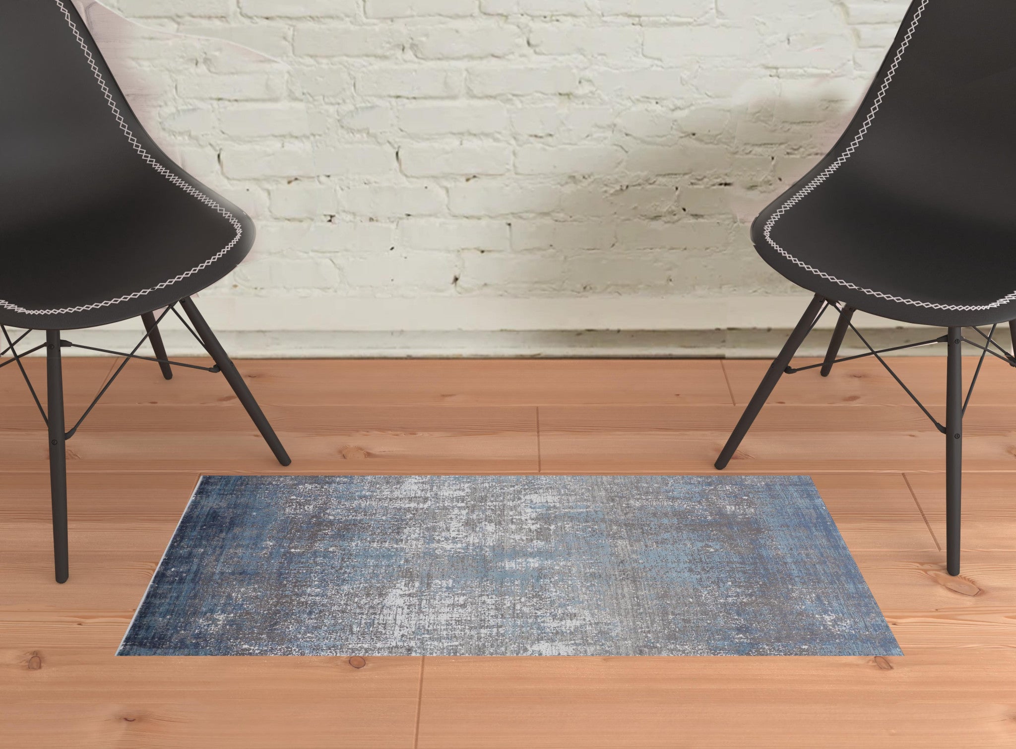 2' X 3' Blue Gray And Silver Abstract Power Loom Distressed Area Rug With Fringe