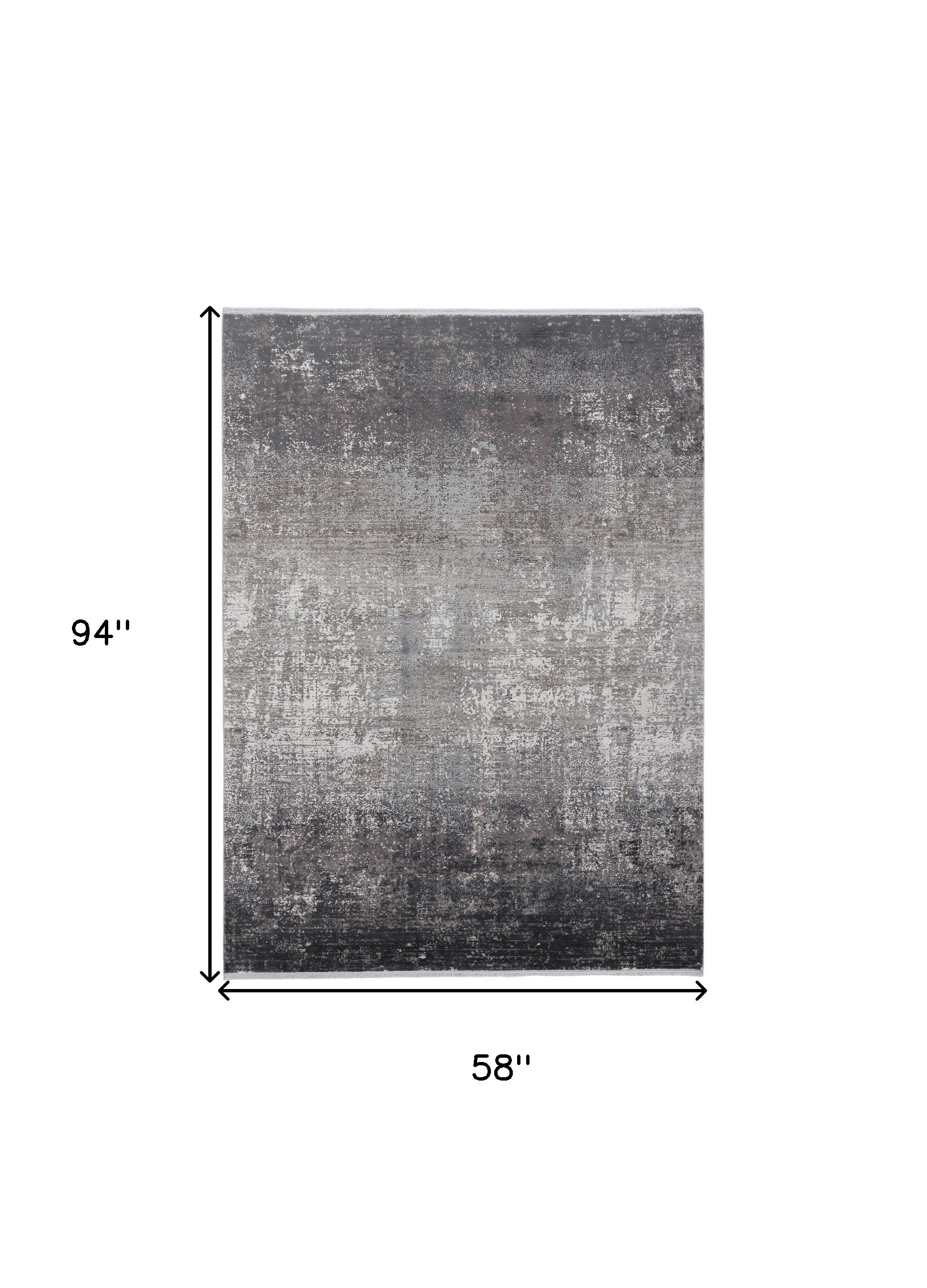 5' X 8' Gray Black And Silver Abstract Power Loom Distressed Area Rug With Fringe