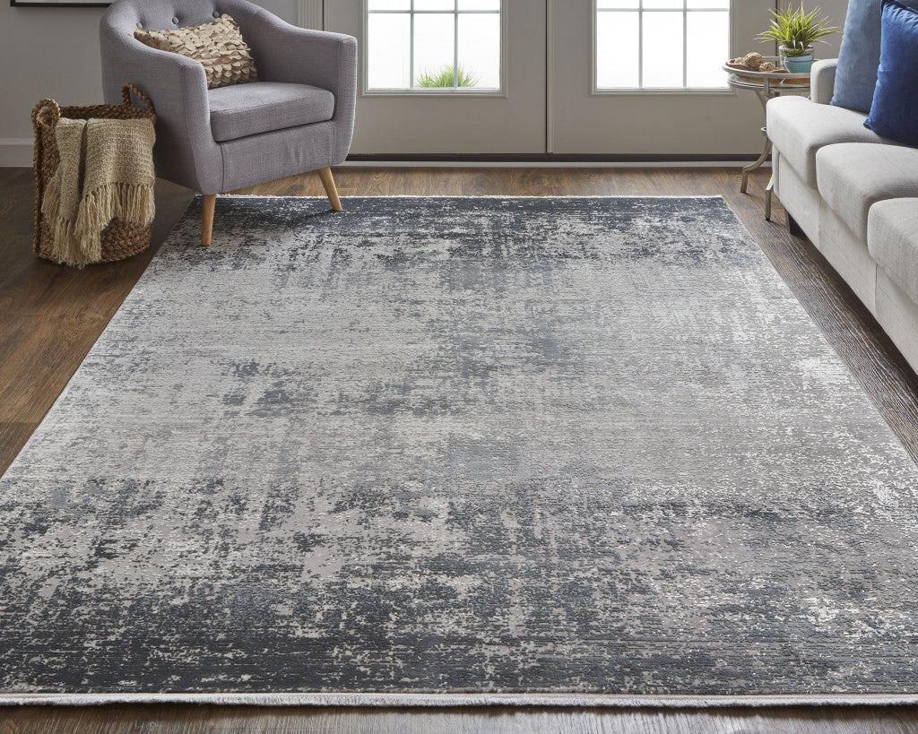 5' X 8' Gray Black And Silver Abstract Power Loom Distressed Area Rug With Fringe