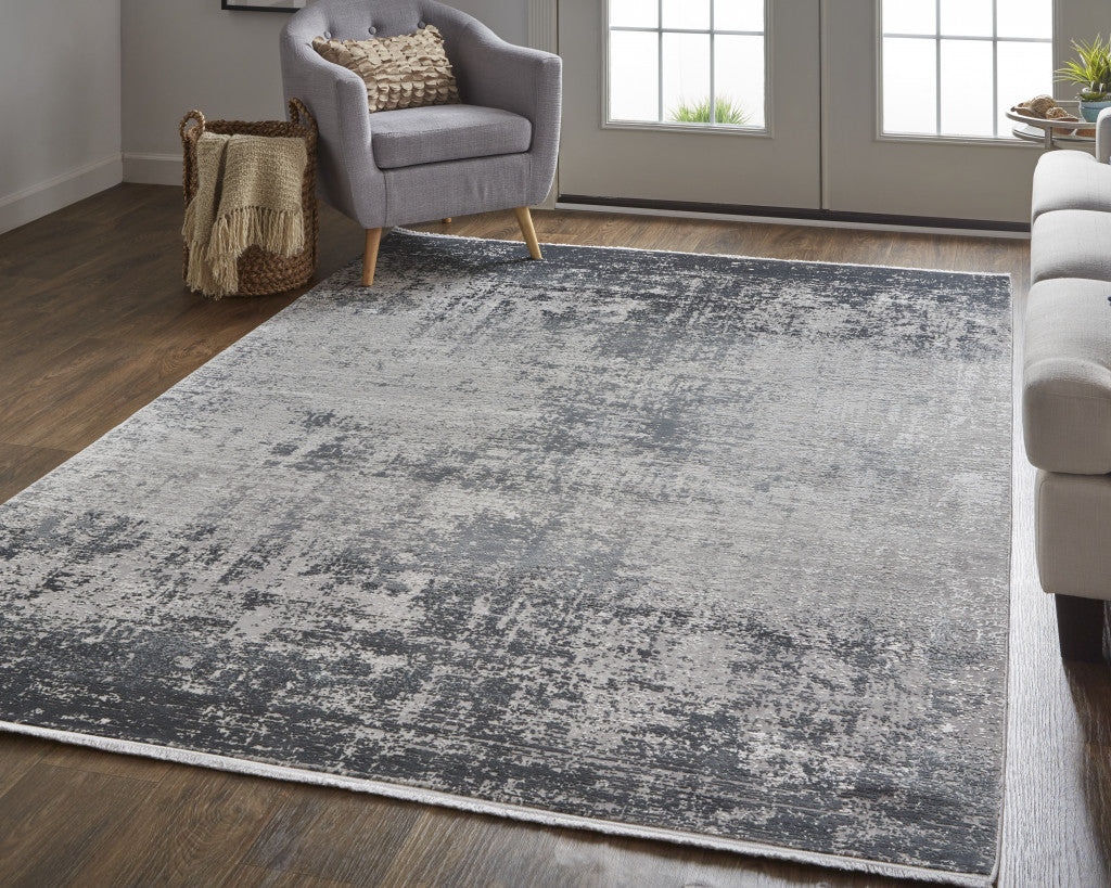 7' X 10' Gray Black And Silver Abstract Power Loom Distressed Area Rug With Fringe