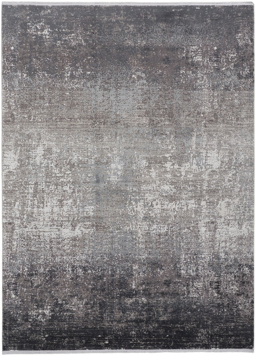 8' X 11' Gray Black And Silver Abstract Power Loom Distressed Area Rug With Fringe