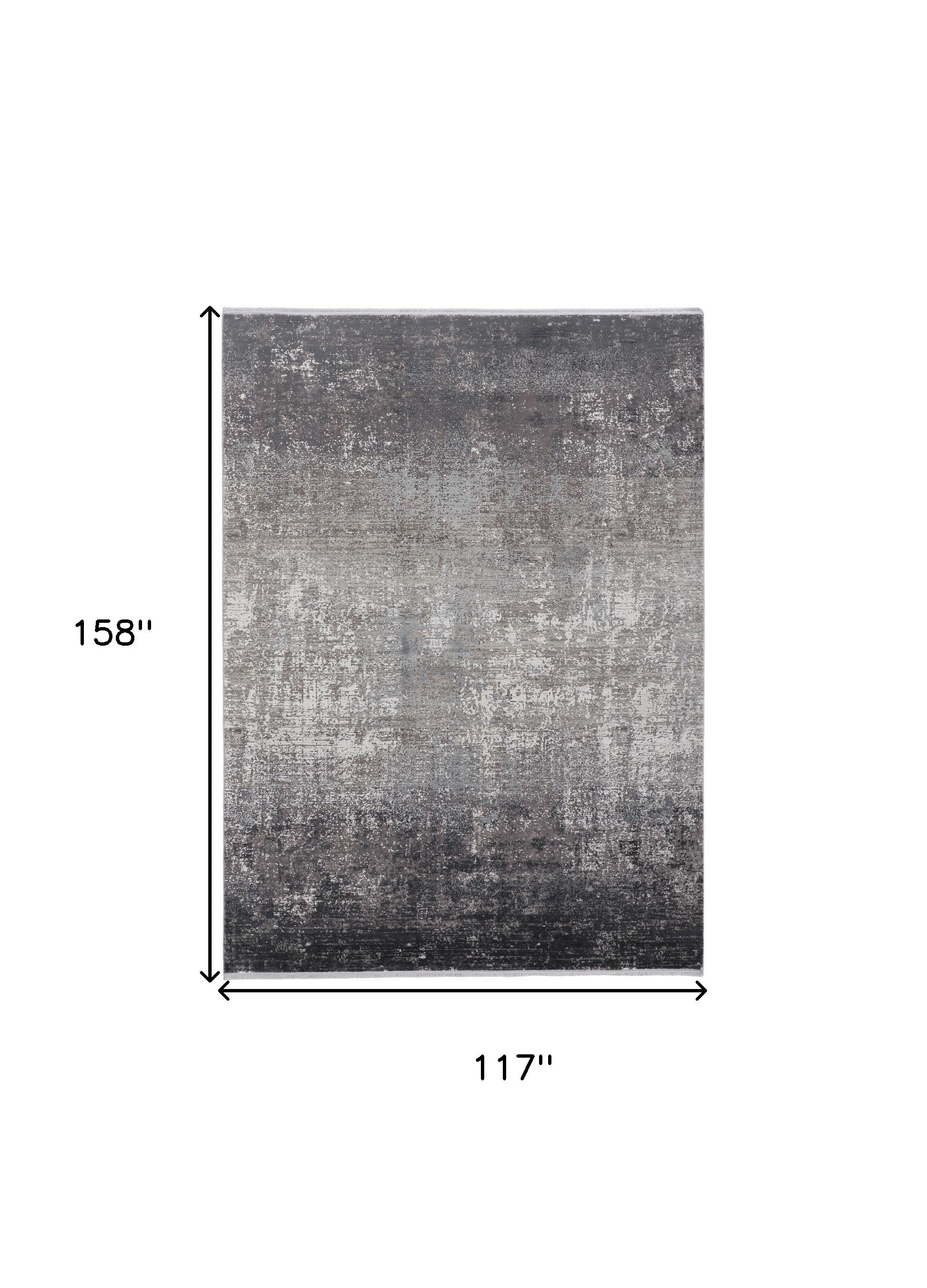 10' X 13' Gray Black And Silver Abstract Power Loom Distressed Area Rug With Fringe