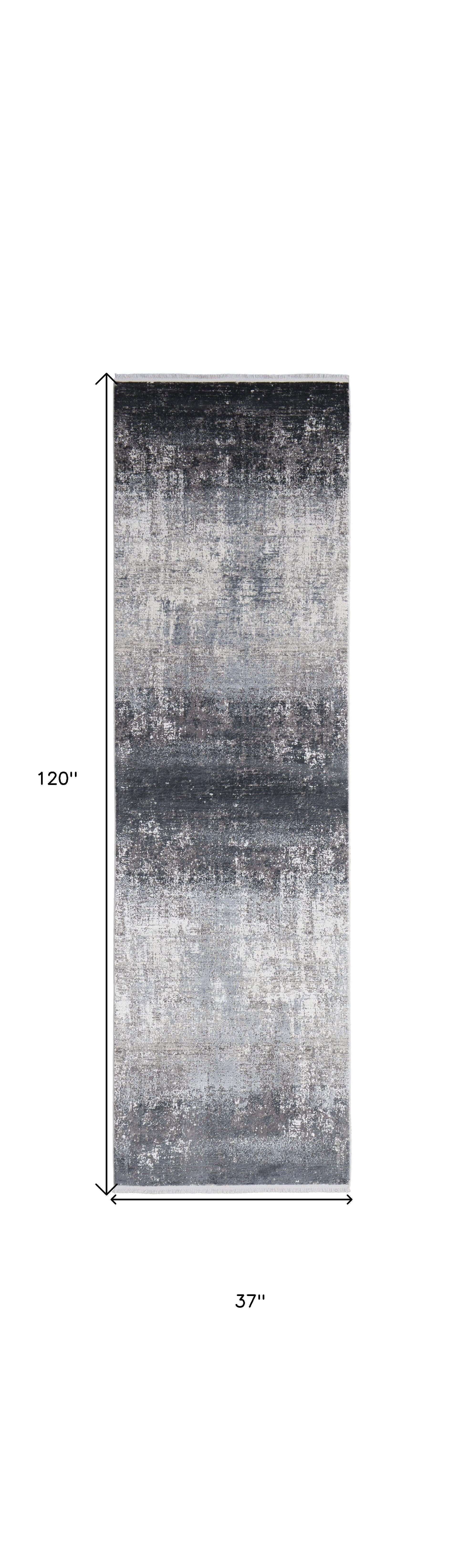 3' X 10' Gray Black And Silver Abstract Power Loom Distressed Runner Rug With Fringe