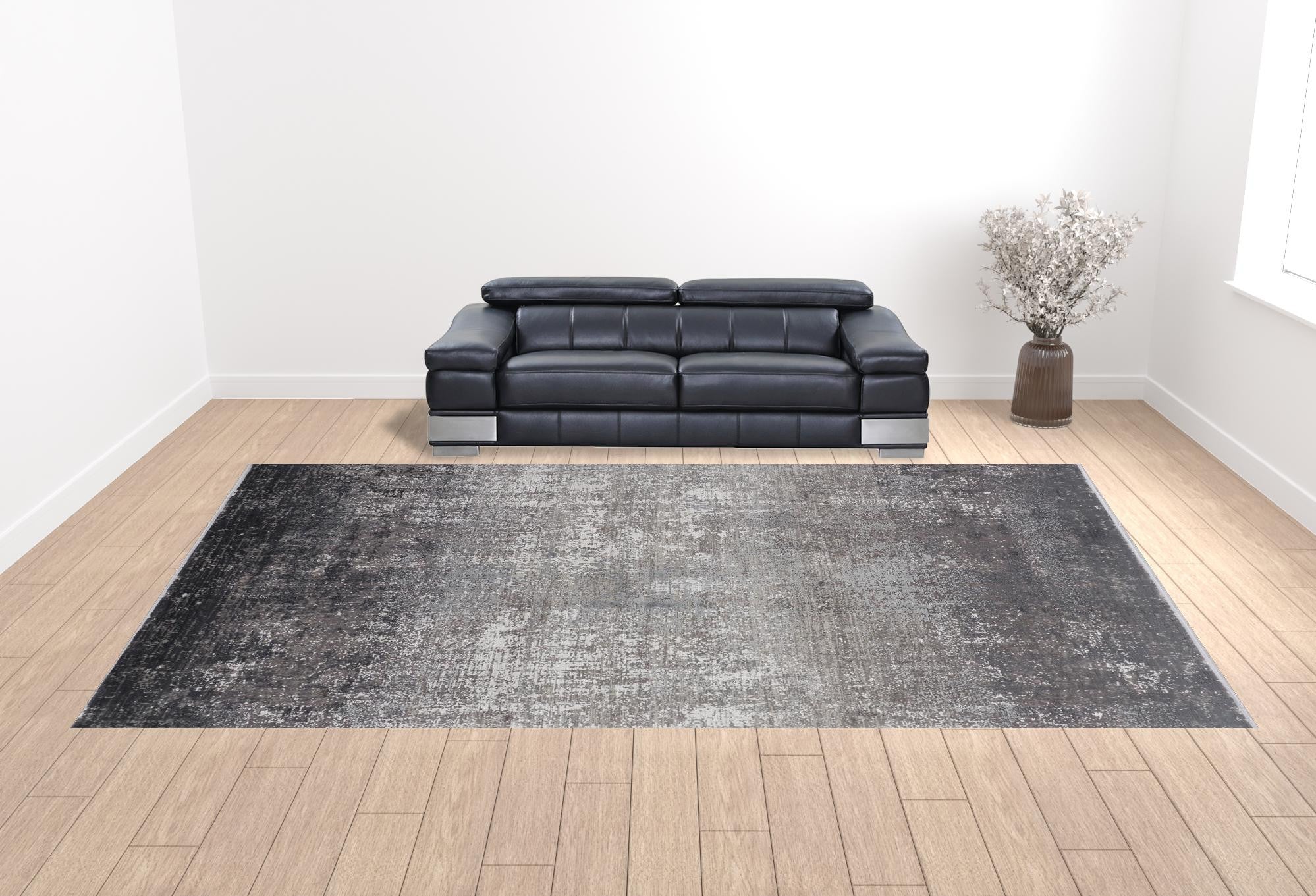 12' X 18' Gray Black And Silver Abstract Power Loom Distressed Area Rug