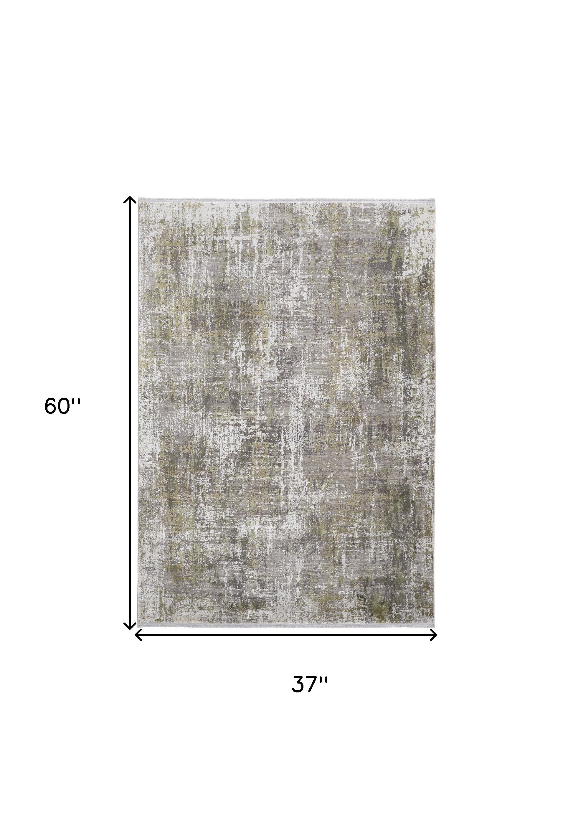 3' X 5' Green Gray And Ivory Abstract Power Loom Distressed Area Rug With Fringe