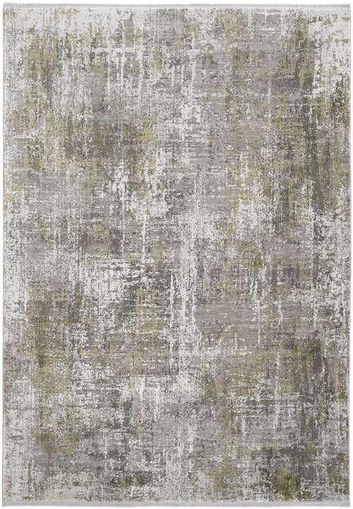 7' X 10' Green Gray And Ivory Abstract Area Rug With Fringe