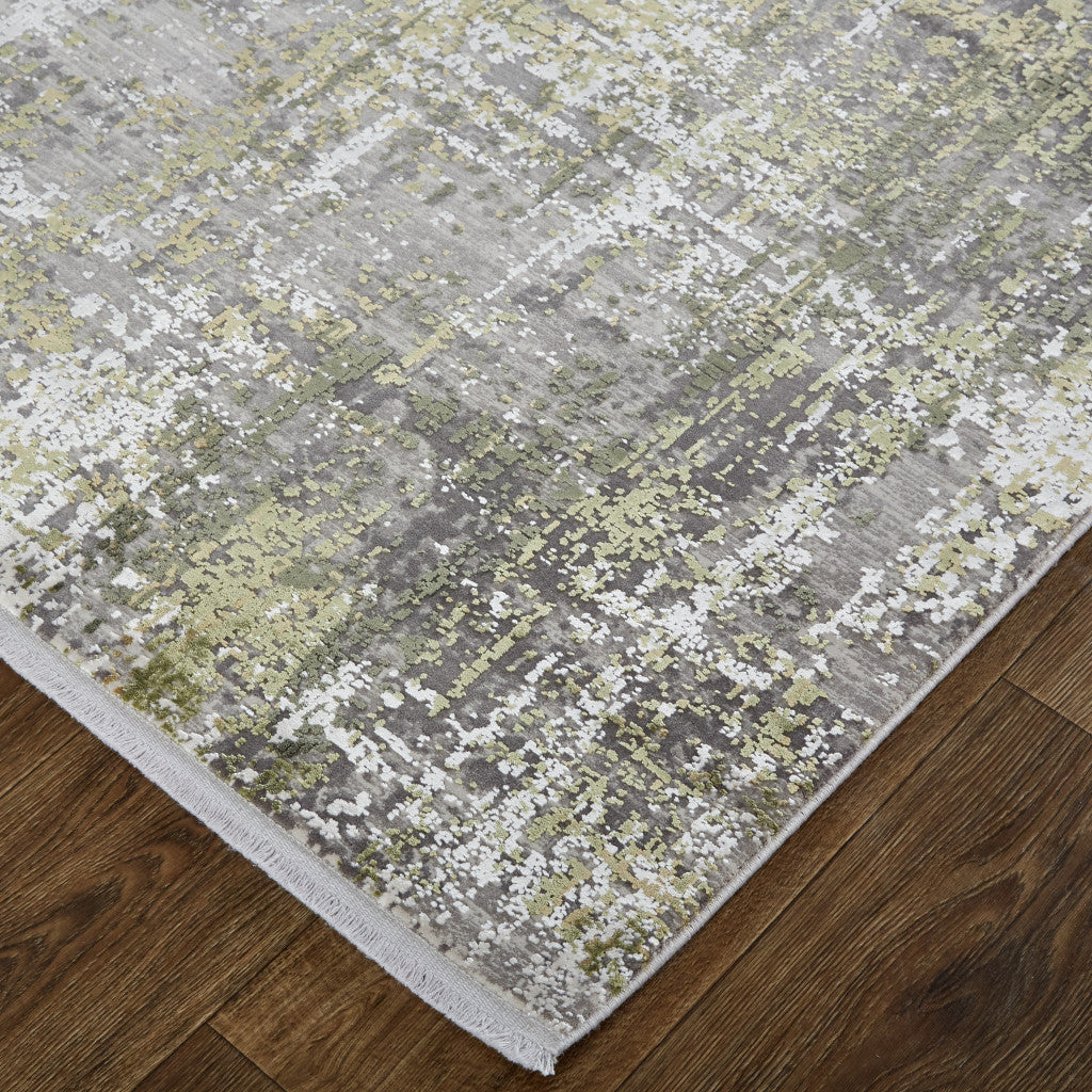 10' X 13' Green Gray And Ivory Abstract Area Rug With Fringe