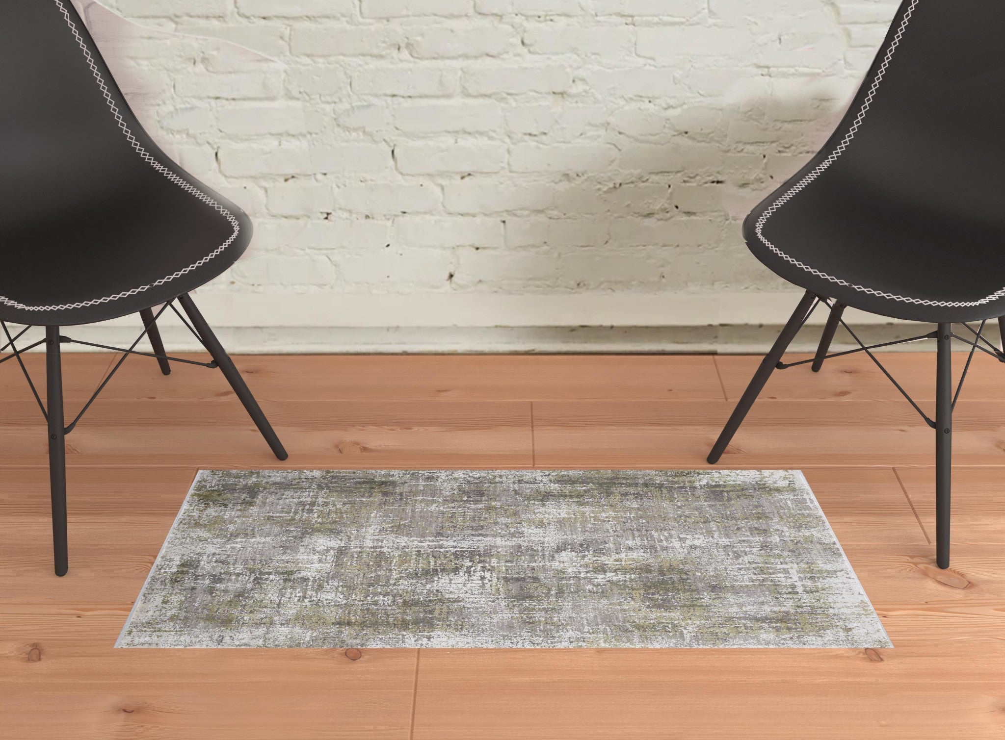 2' X 3' Green Gray And Ivory Abstract Area Rug With Fringe