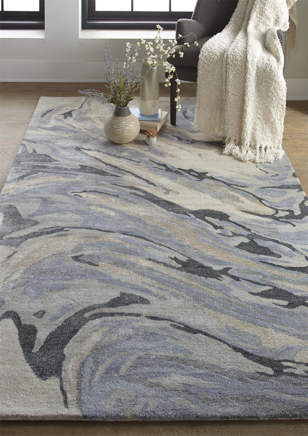 5' X 8' Blue Gray And Taupe Abstract Tufted Handmade Area Rug