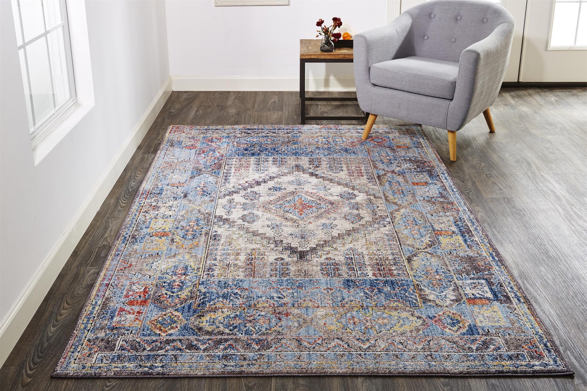 8' X 10' Blue Gray And Ivory Floral Stain Resistant Area Rug