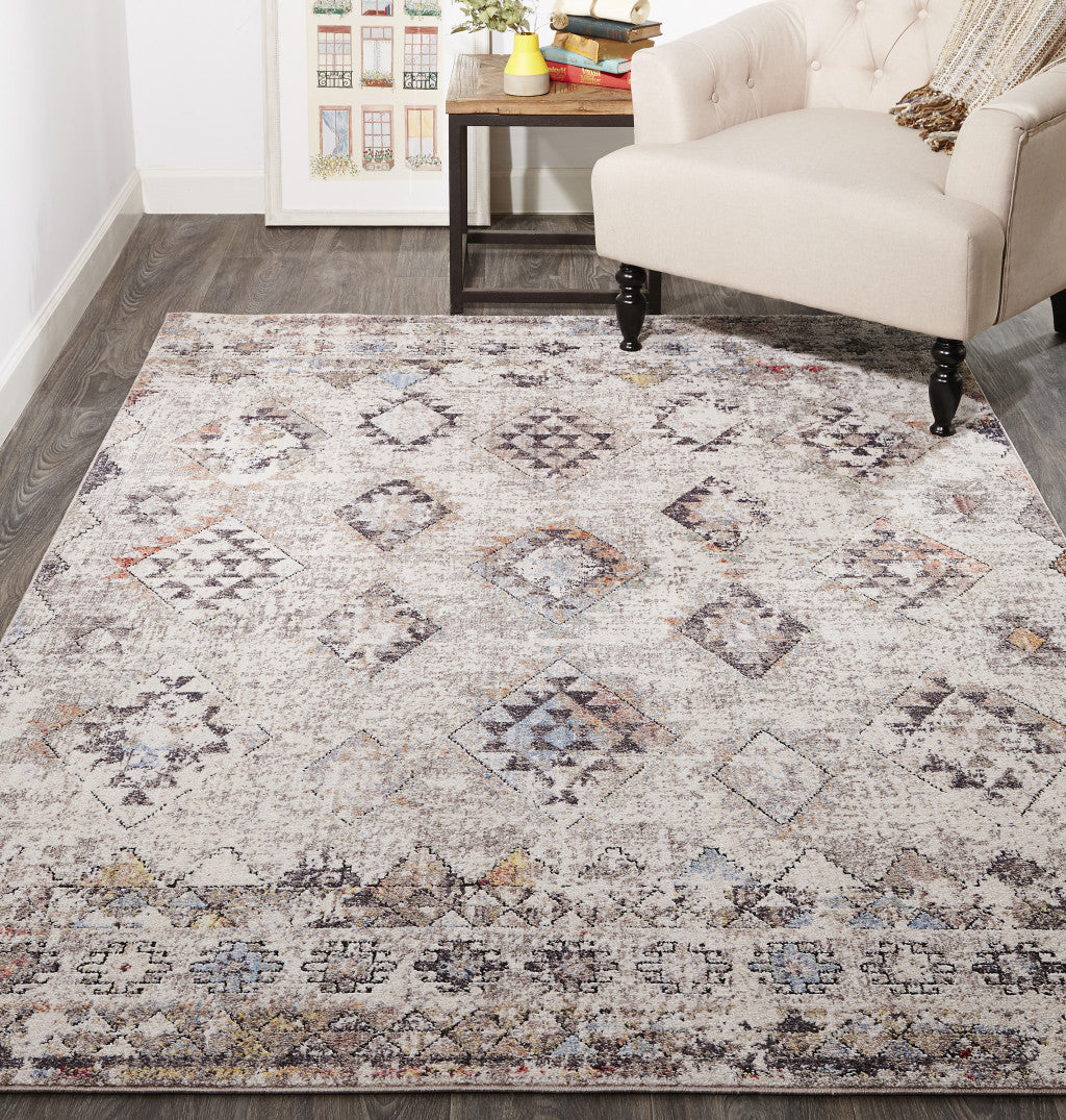 10' X 13' Gray Taupe And Blue Geometric Stain Resistant Area Rug