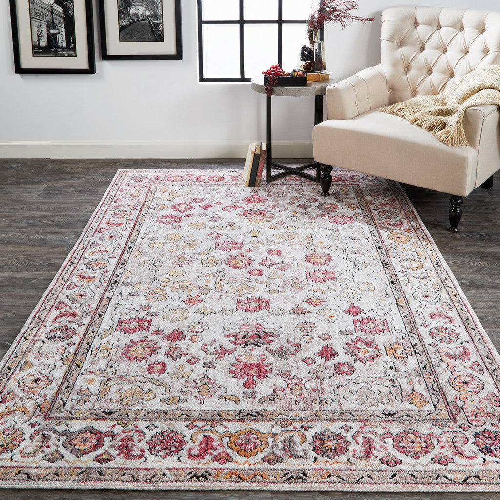 10' X 13' Ivory Pink And Gray Floral Stain Resistant Area Rug