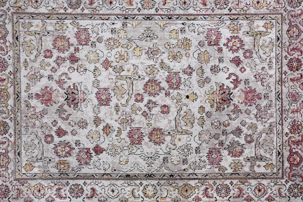 10' X 13' Ivory Pink And Gray Floral Stain Resistant Area Rug