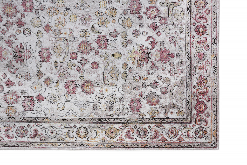 10' X 13' Ivory Pink And Gray Floral Stain Resistant Area Rug