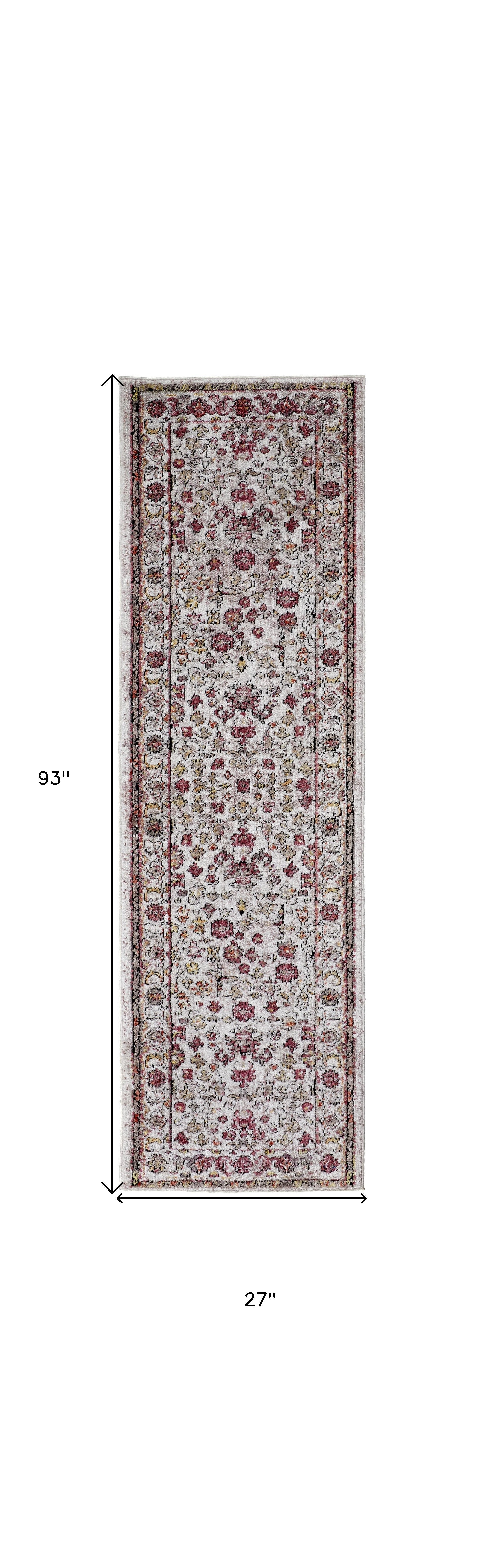 8' Ivory Pink And Gray Floral Stain Resistant Runner Rug