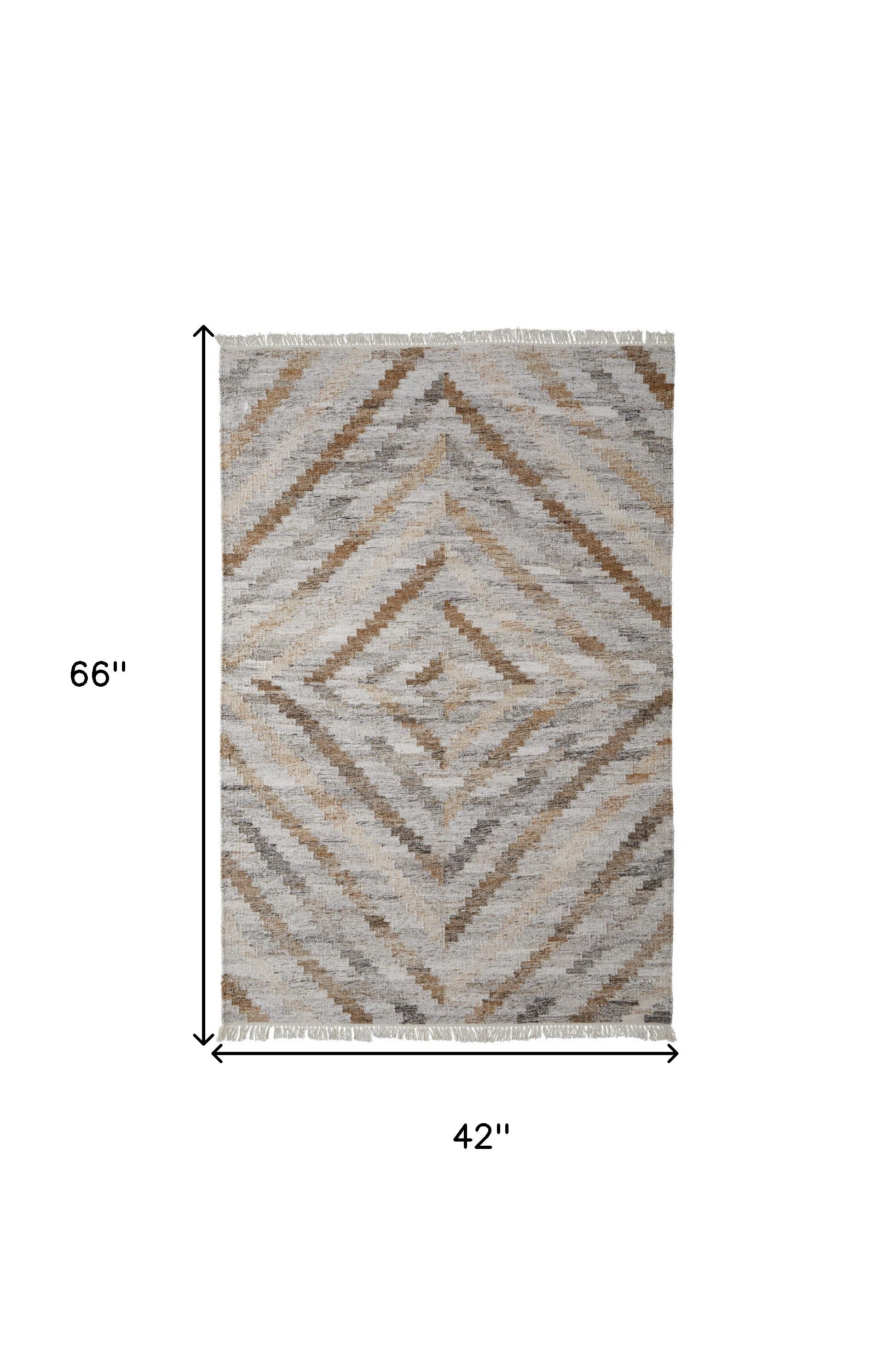 4' X 6' Ivory Gray And Tan Geometric Hand Woven Stain Resistant Area Rug With Fringe