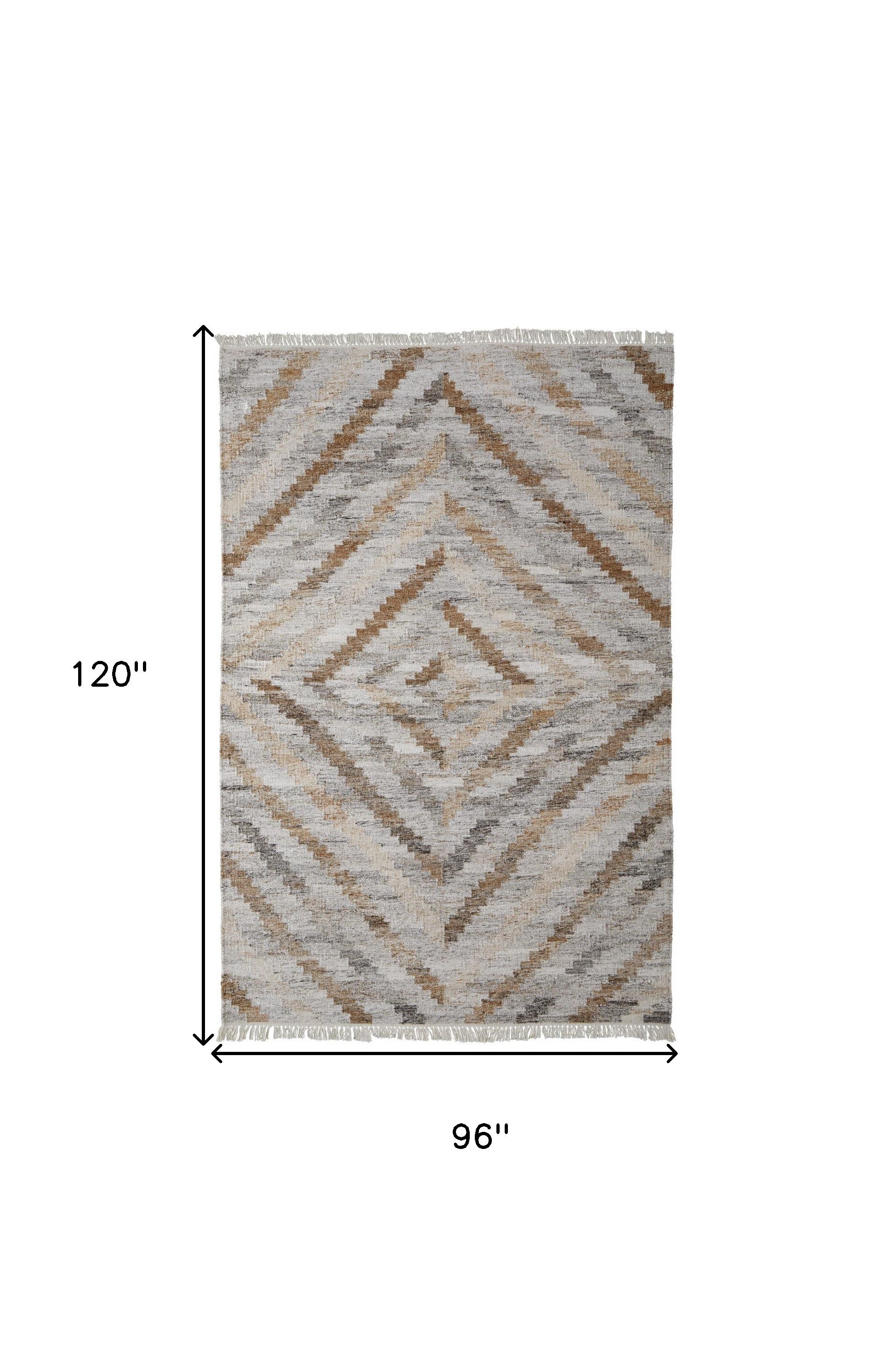 8' X 10' Ivory Gray And Tan Geometric Hand Woven Stain Resistant Area Rug With Fringe