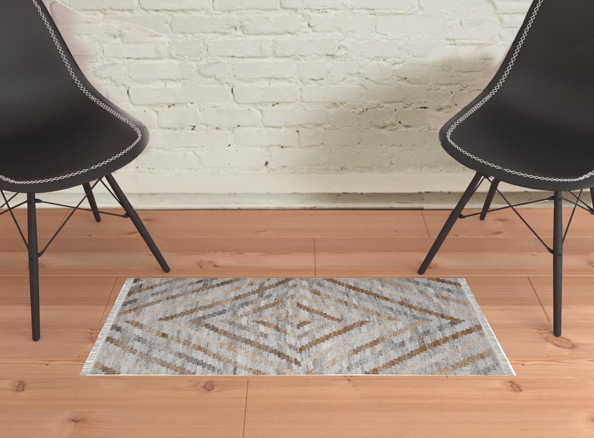 2' X 3' Ivory Gray And Tan Geometric Hand Woven Stain Resistant Area Rug With Fringe