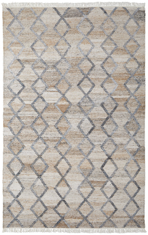 5' X 8' Gray Ivory And Tan Geometric Hand Woven Stain Resistant Area Rug With Fringe