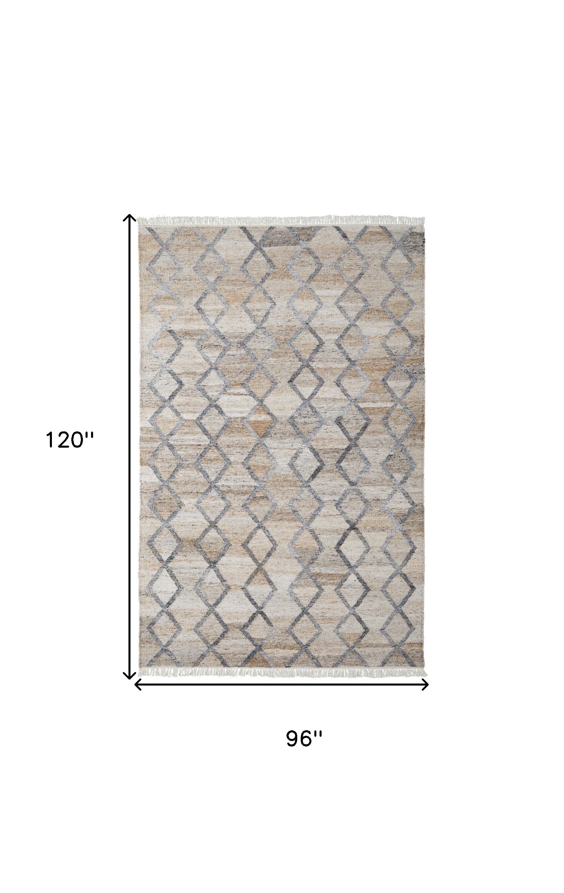 8' X 10' Gray Ivory And Tan Geometric Hand Woven Stain Resistant Area Rug With Fringe