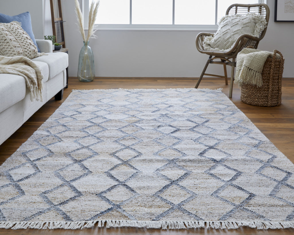 8' X 10' Gray Ivory And Tan Geometric Hand Woven Stain Resistant Area Rug With Fringe