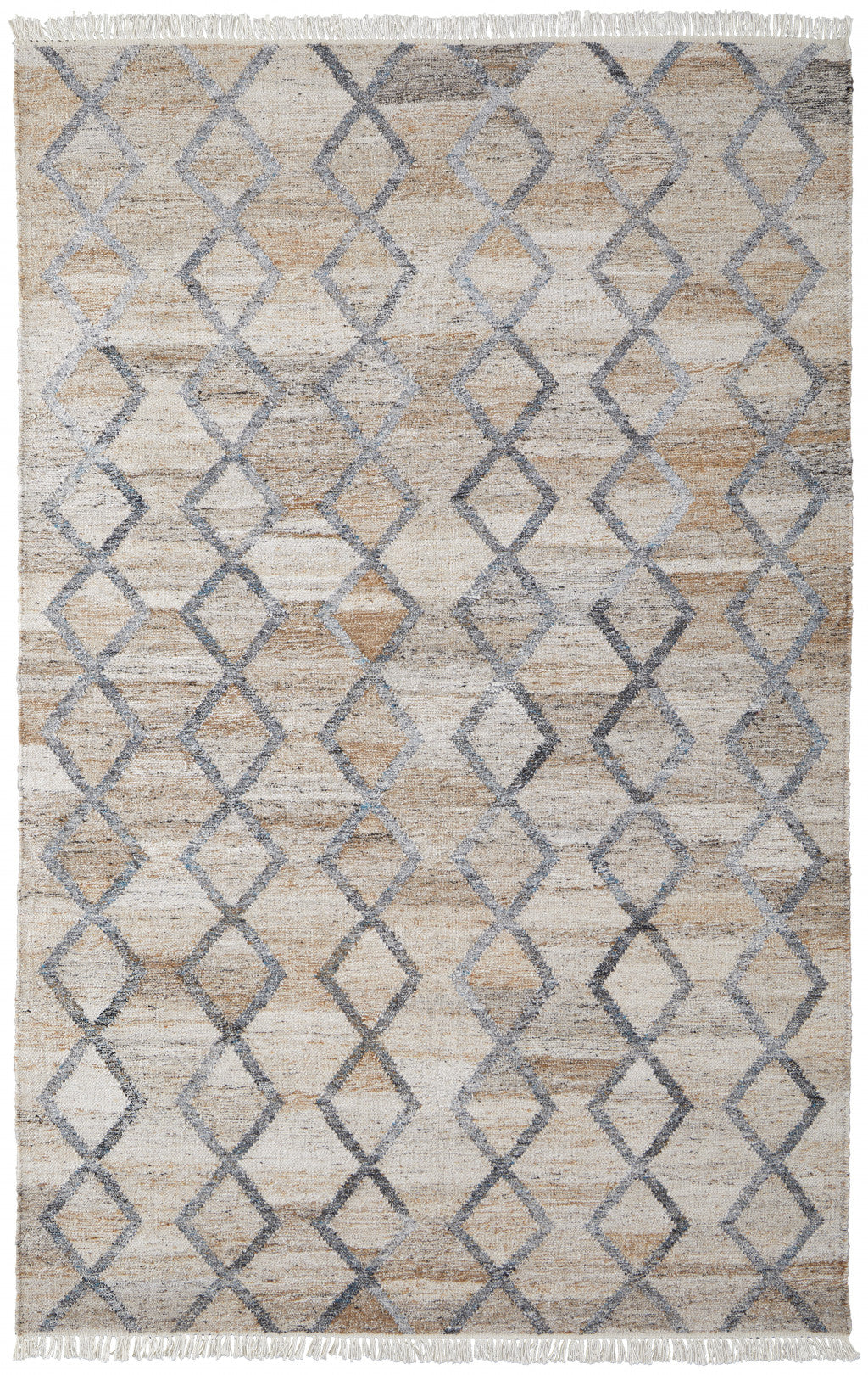 9' X 12' Gray Ivory And Tan Geometric Hand Woven Stain Resistant Area Rug With Fringe